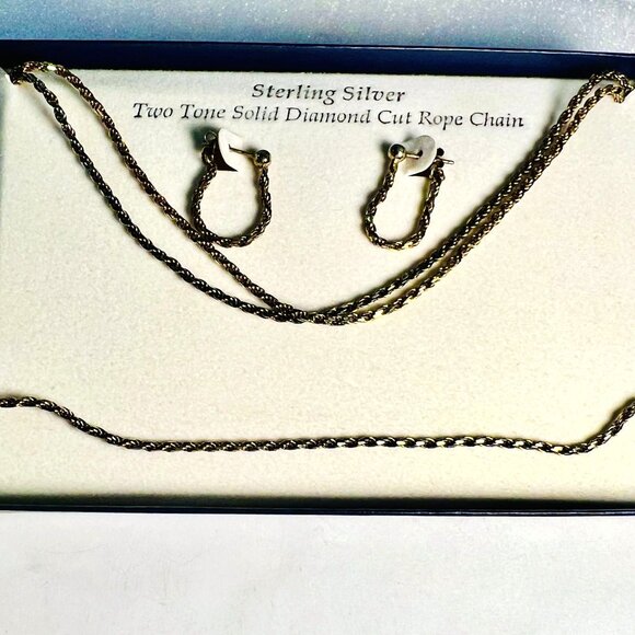 925 Silver Two Tone Italy Diamond Cut Rope Chains 2 Necklaces Earrings Bracelet - Picture 1 of 5
